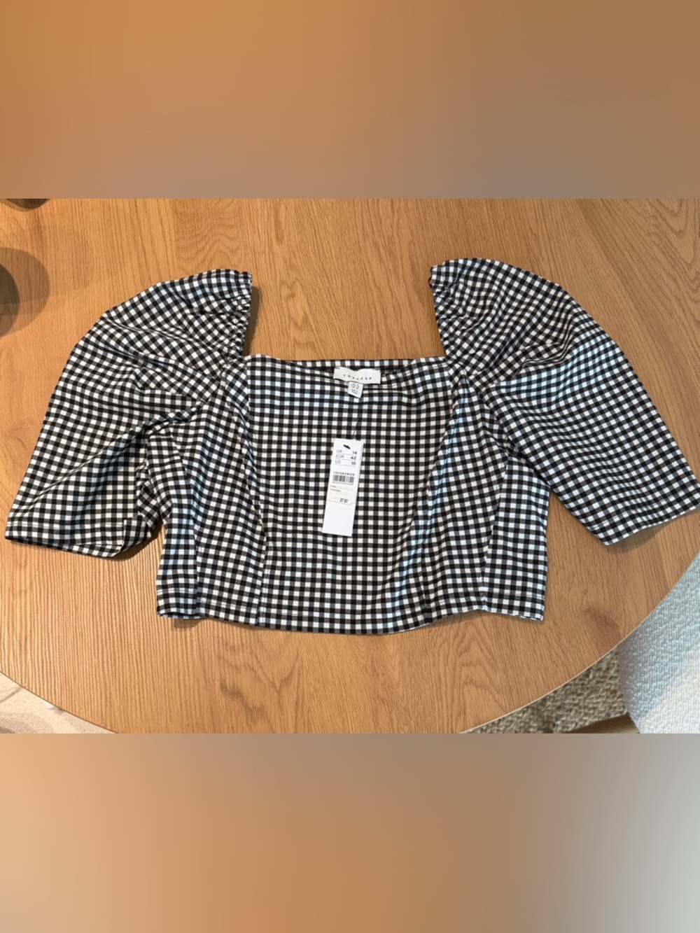 Topshop Black and White Gingham Puff-Sleeve Crop Top - Square Neck